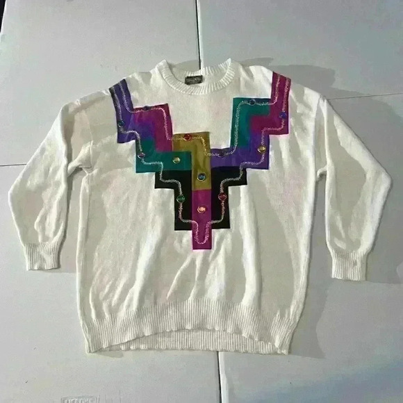 Hildy N Me Sweaters - Vintage 90s Hildy N Me Womens Pullover Sweater Off White Abstract Long Sleeve XL